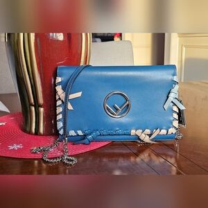 Fendi Blue Kan I F Wallet on Chain with silver Metal Accents EUC With COA
